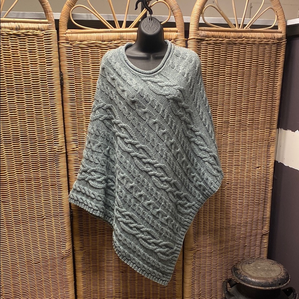 Women's Cable Knit Poncho Sweater - Greenish Gray